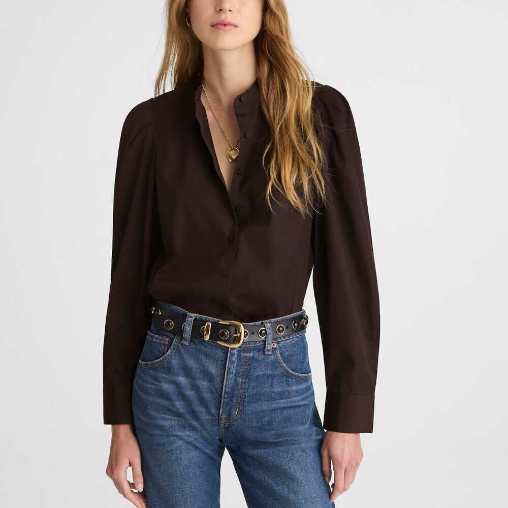 Madewell Button Up Band Collar Pleated Puff Sleeve Shirt Brown Size S NWT